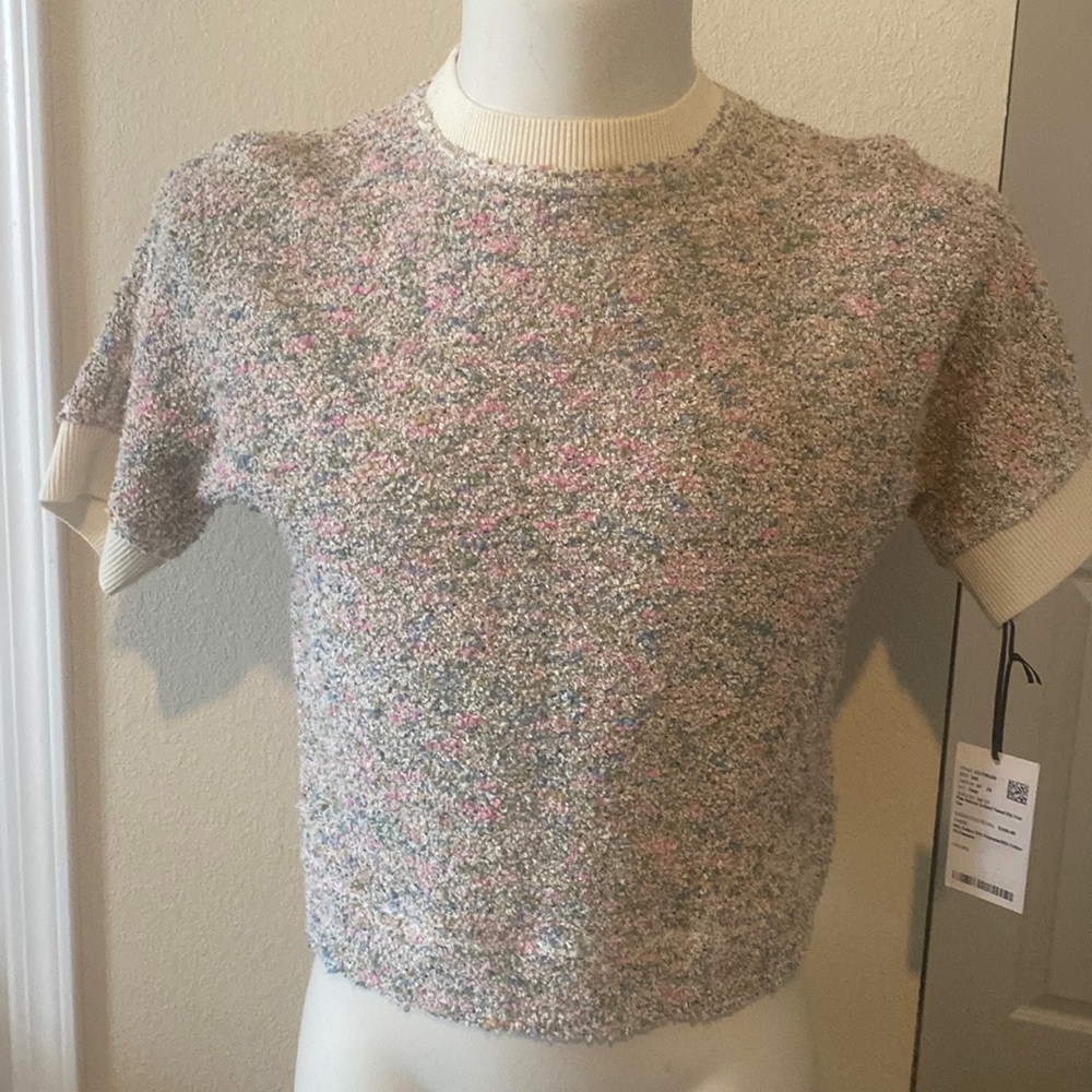 Pale Natural Knitted Tweed Rib Trim Tee